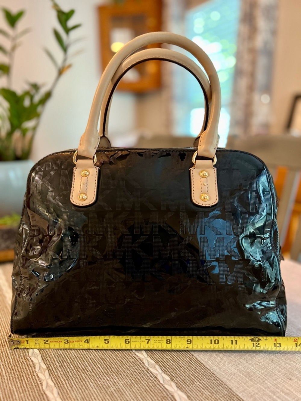 Michael Kors Patent Leather MK Monogram Dome Satchel with Cream Handles - Picture 10 of 12